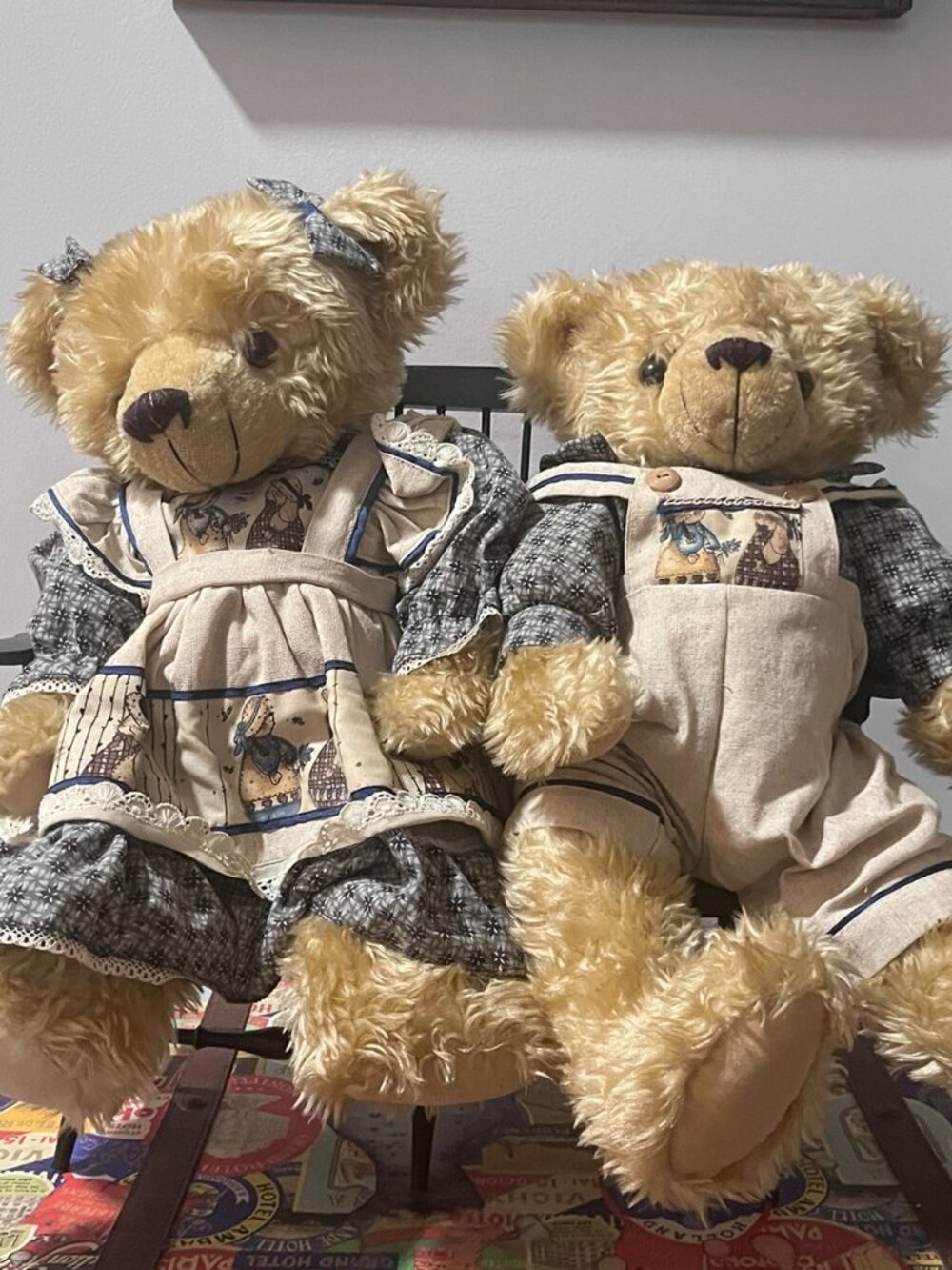 Vintage Boyds Bears Pair in Easter Bunny Outfits with Wood Display Bench